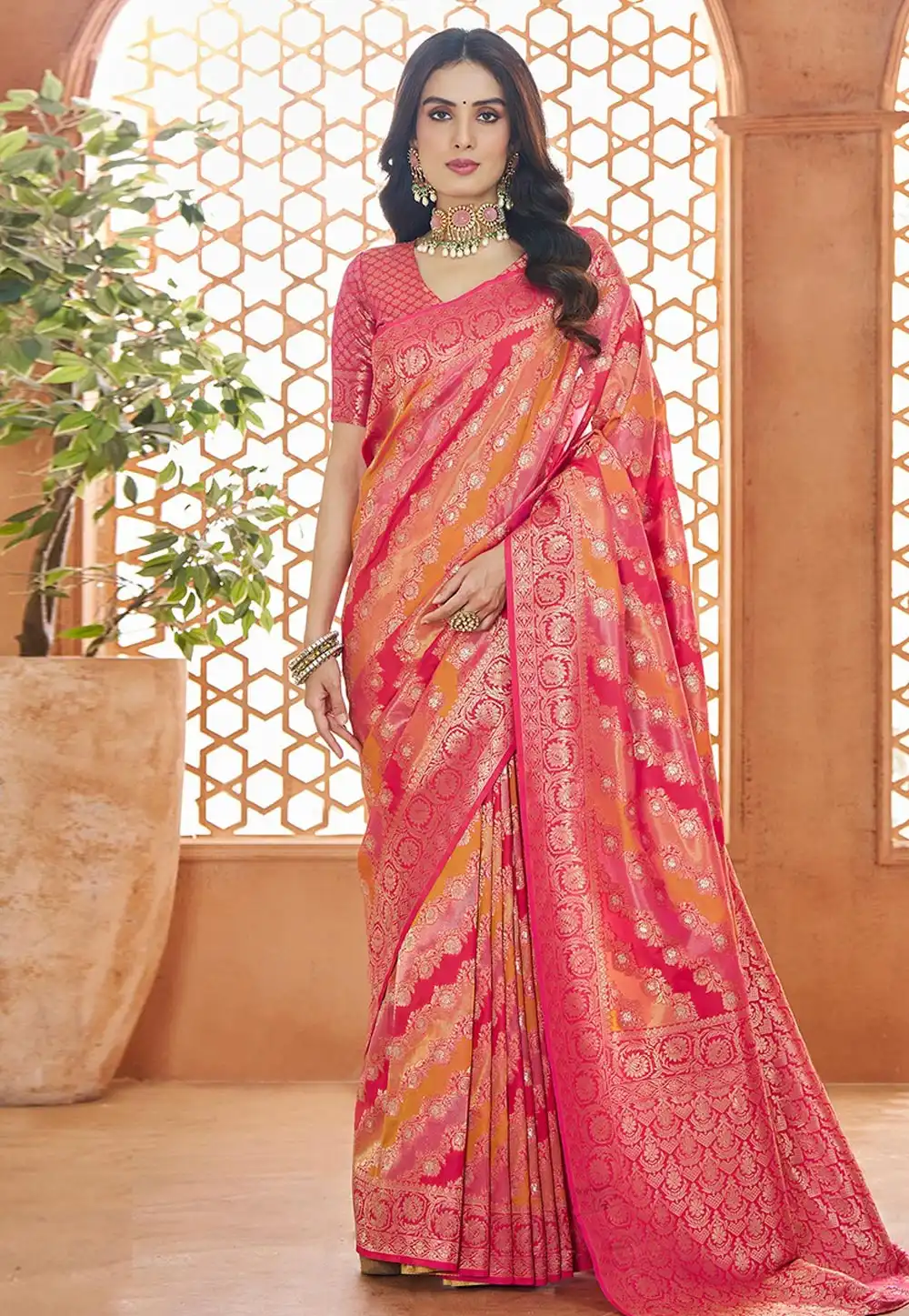 Pink Banarasi Silk Saree With Blouse 294807