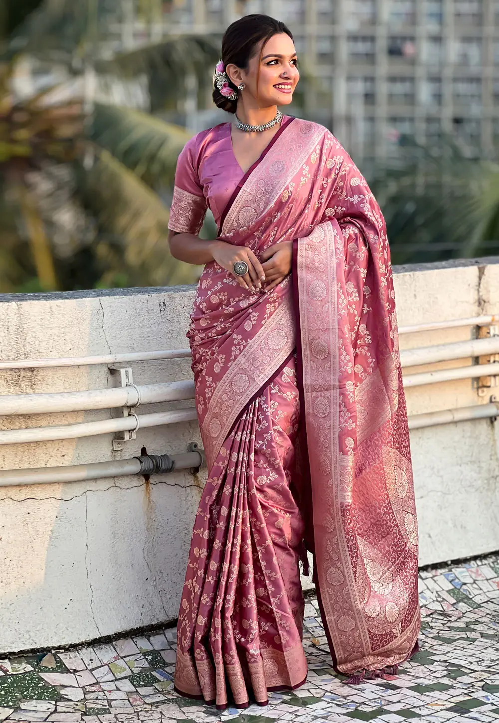 Pink Banarasi Silk Saree With Blouse 299042