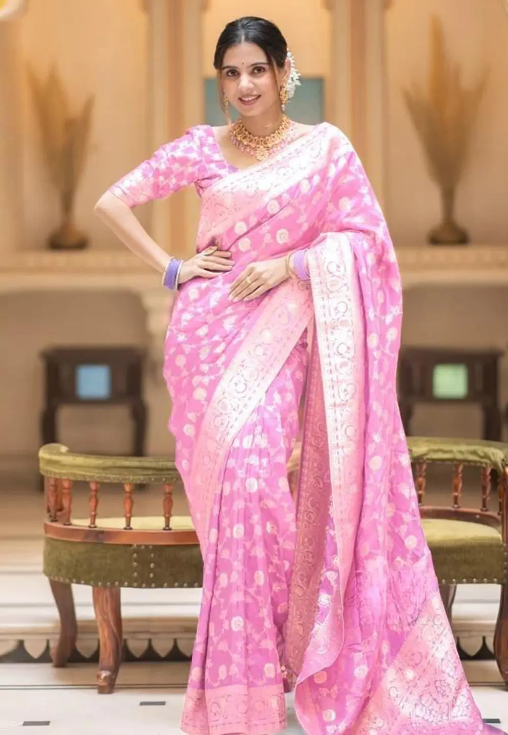 Pink Banarasi Silk Saree With Blouse 298156