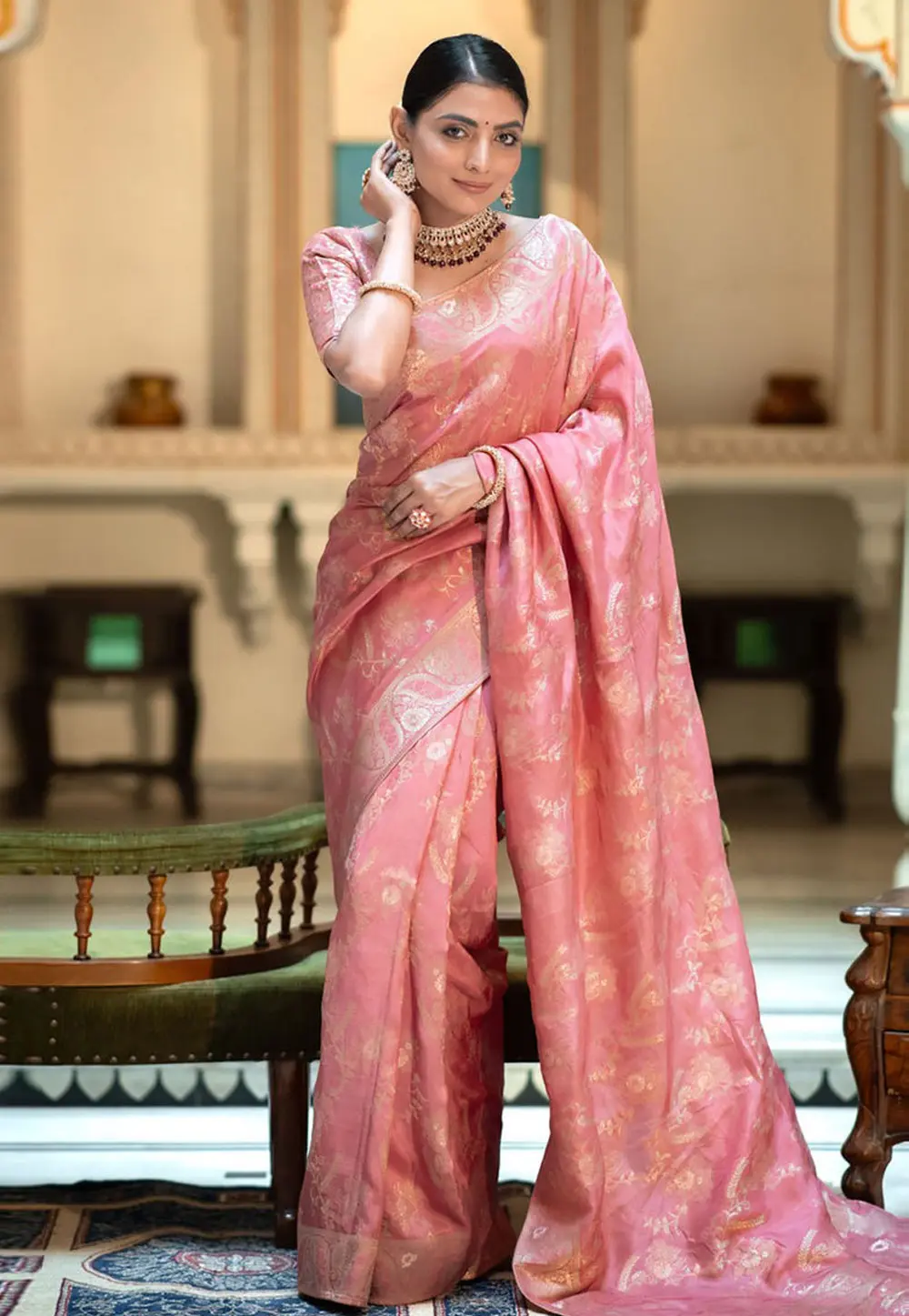 Pink Banarasi Silk Saree With Blouse 298166