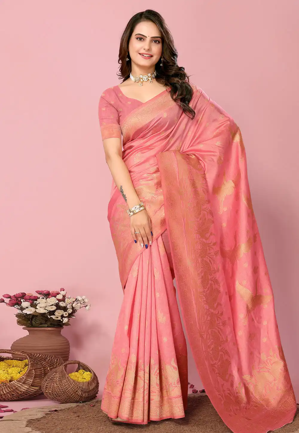 Pink Banarasi Silk Saree With Blouse 289266