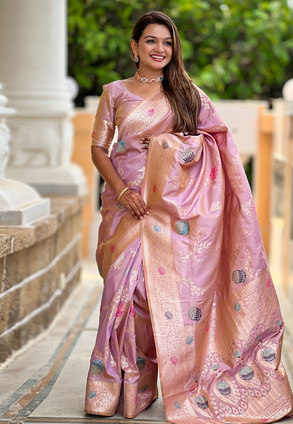 Pink Banarasi Silk Saree With Blouse 310559