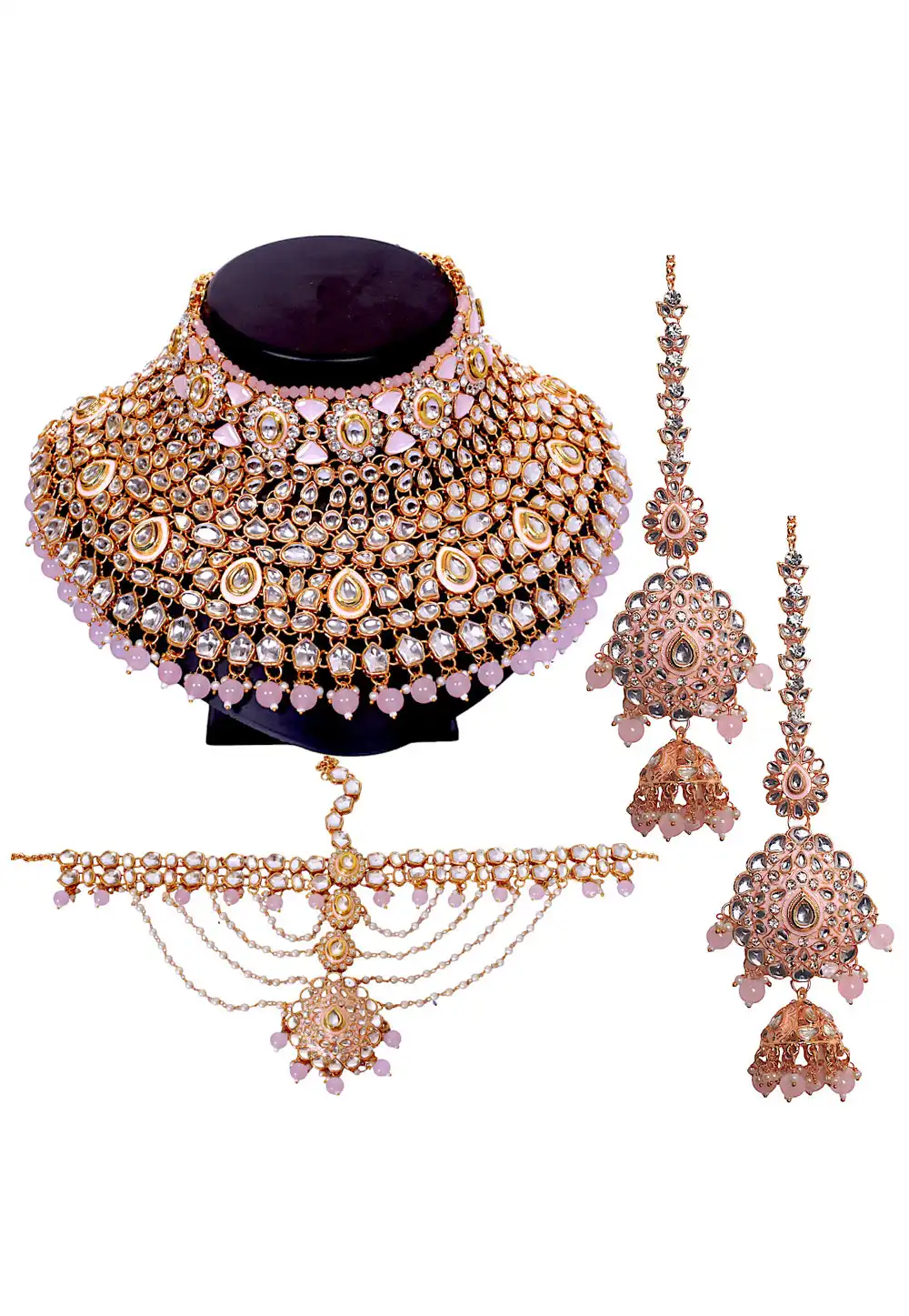 Pink Brass Austrian Diamonds and Kundan Necklace Set With Earrings and Maang Tikka 292918