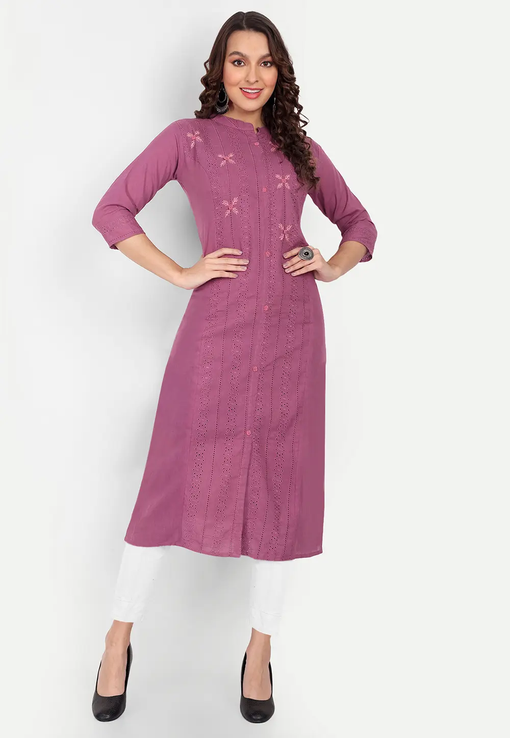 Pink Cambric Cotton Long Kurti 300493