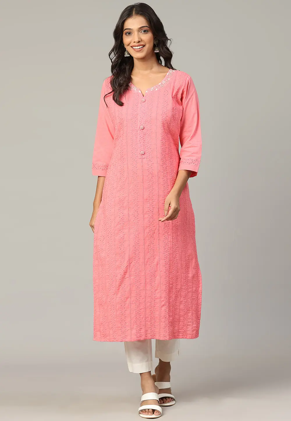 Pink Cambric Cotton Long Kurti 300507