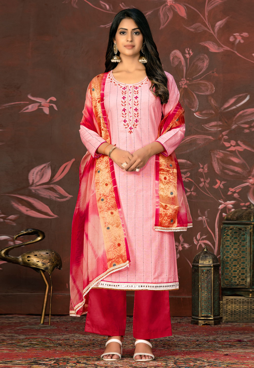 Pink Cambric Cotton Palazzo Suit 281045