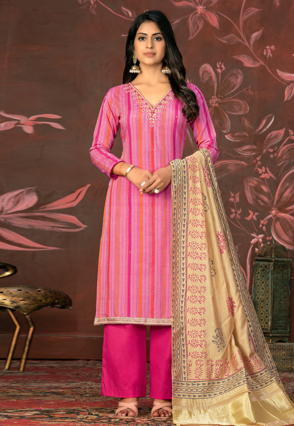 Pink Cambric Cotton Palazzo Suit 281241