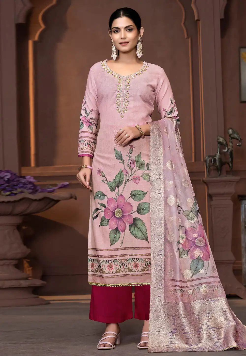 Pink Cambric Cotton Palazzo Suit 294174