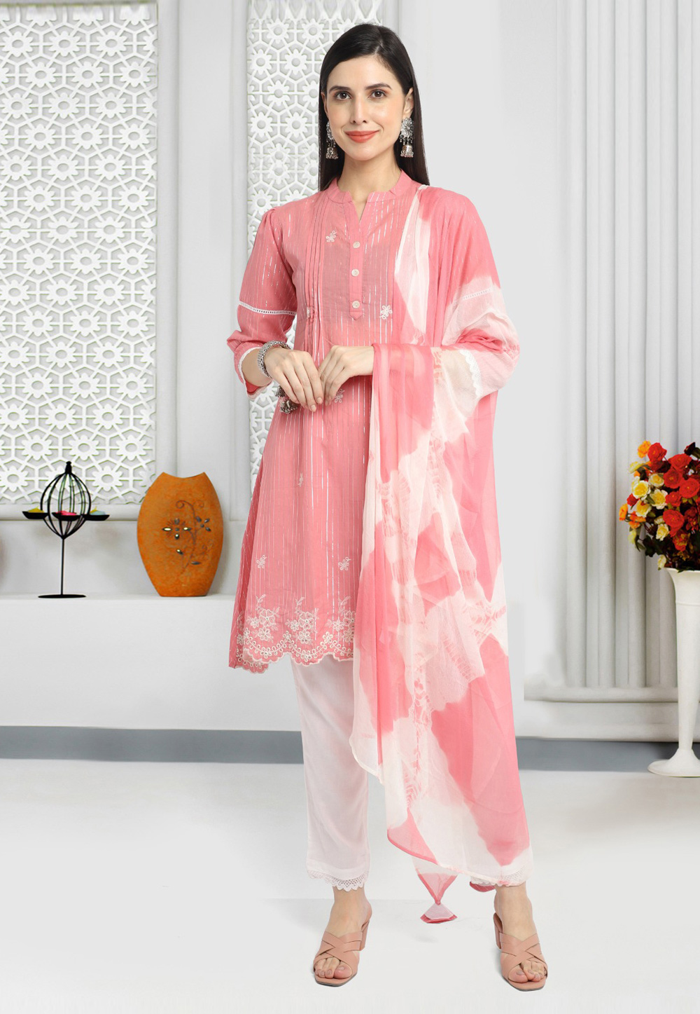 Pink Cambric Cotton Readymade Pant Style Suit 278217