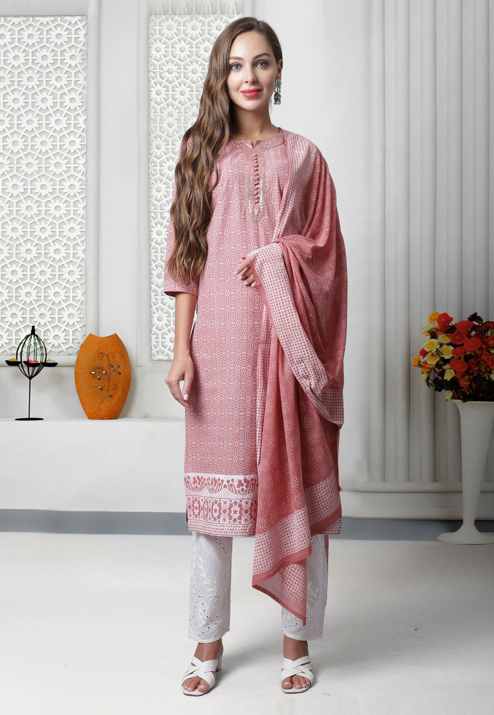 Pink Cambric Cotton Readymade Pant Style Suit 278219