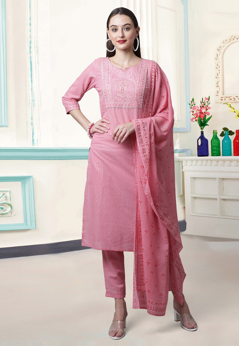 Pink Cambric Cotton Readymade Pant Style Suit 278223