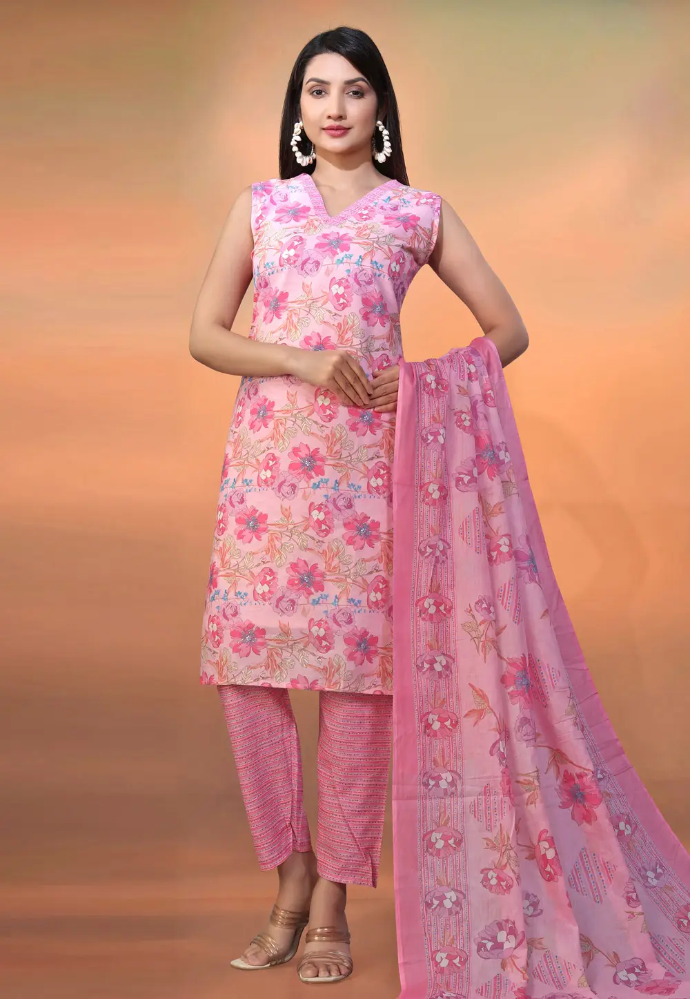 Pink Cambric Cotton Readymade Pant Style Suit 295581