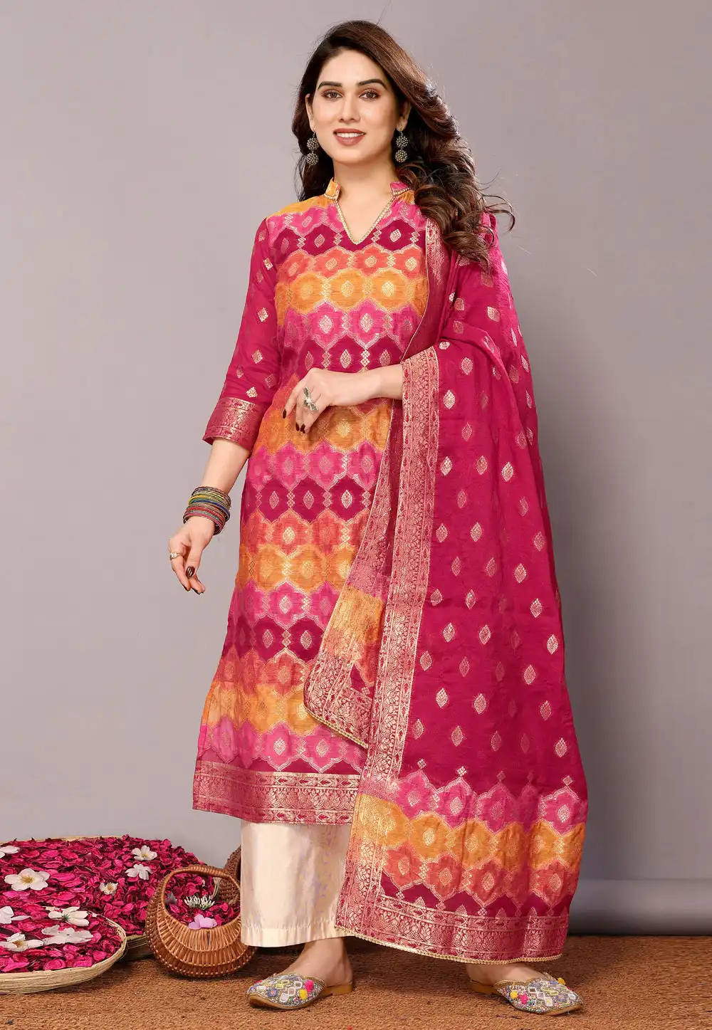 Pink Chanderi Cotton Readymade Palazzo Suit 290754