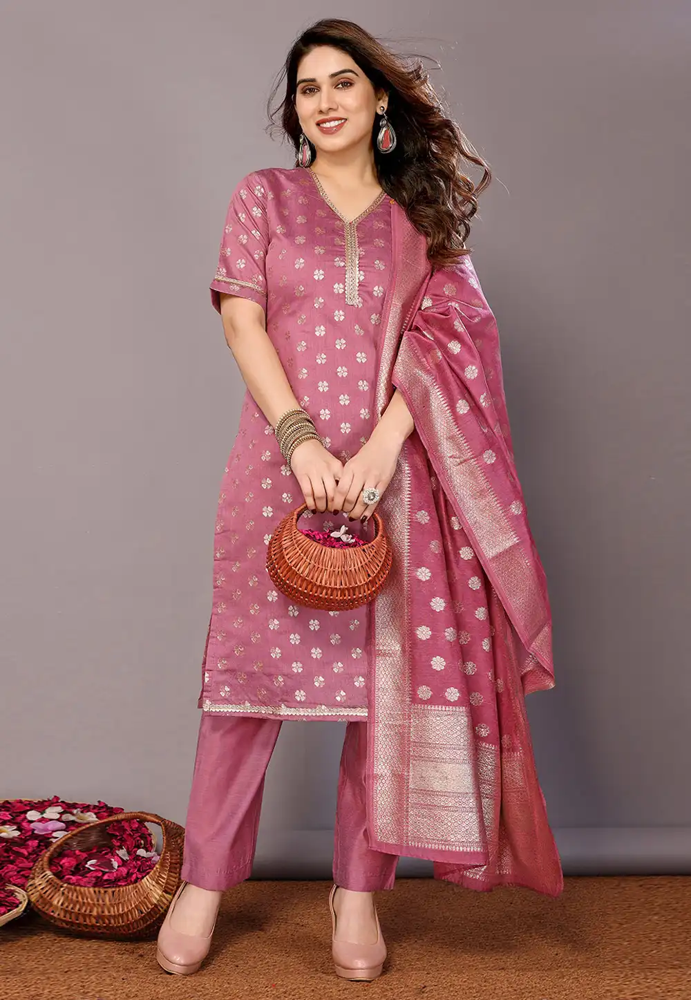 Pink Chanderi Cotton Readymade Pant Style Suit 290759