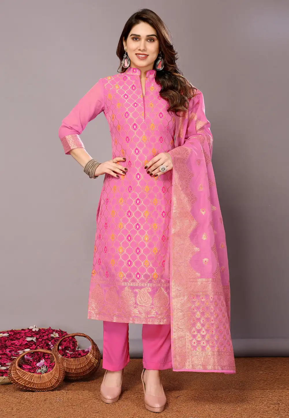 Pink Chanderi Cotton Readymade Pant Style Suit 290764