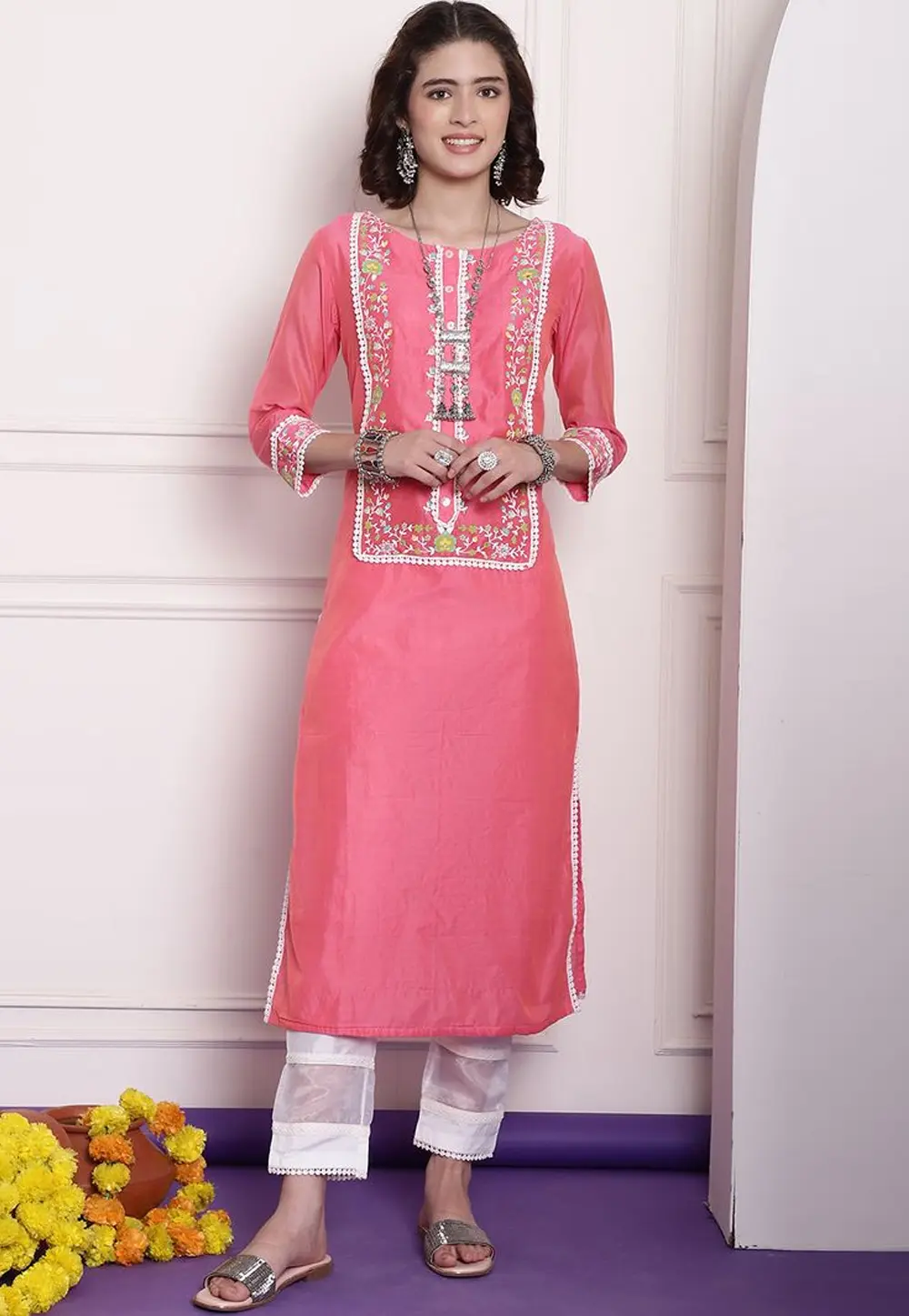 Pink Chanderi Long Kurti 303989