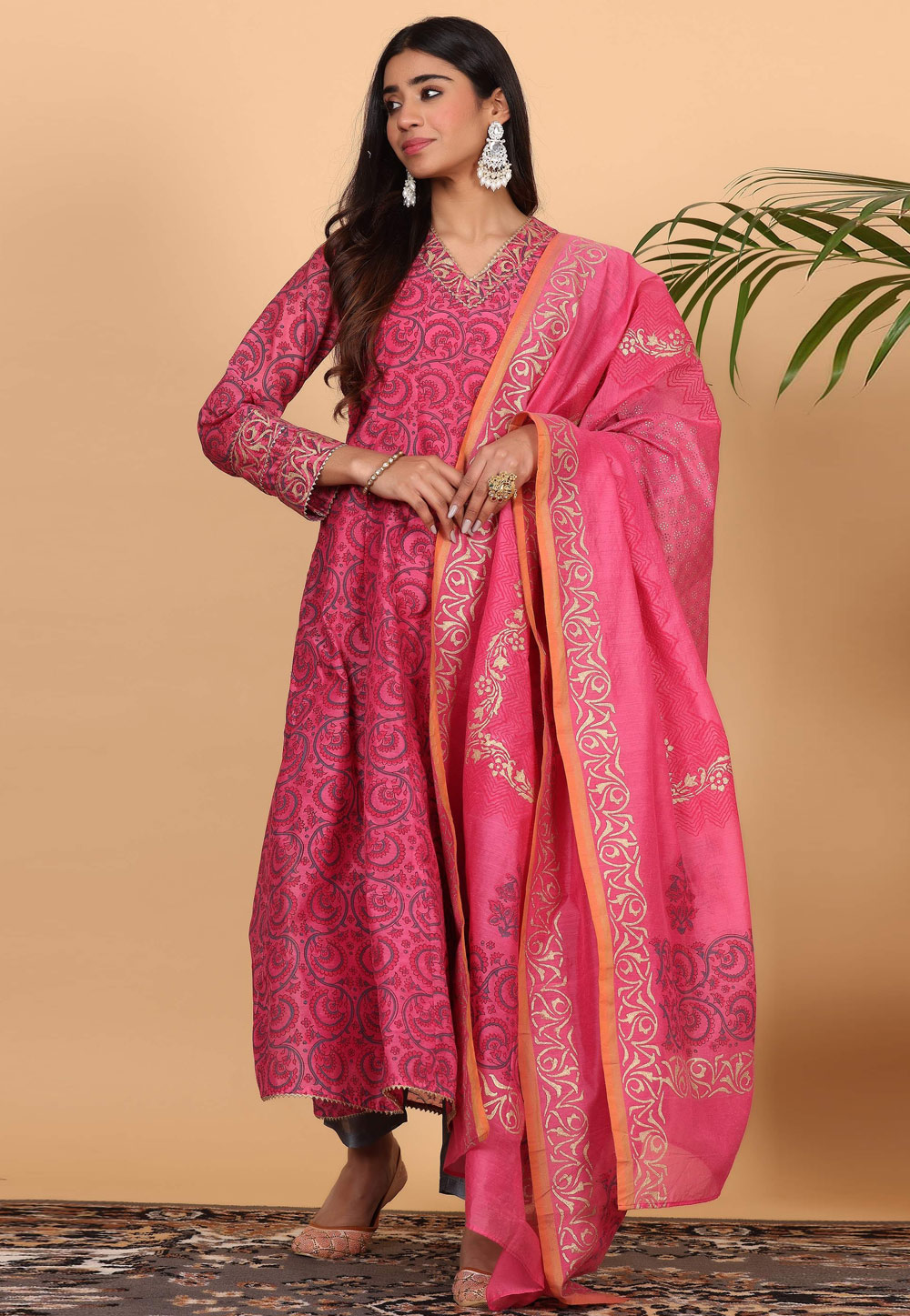 Pink Chanderi Readymade Anarkali Suit 305412