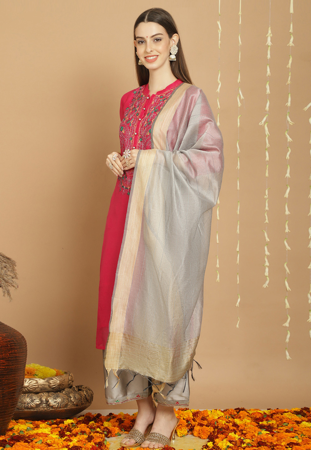 Pink Chanderi Readymade Pakistani Suit 279111