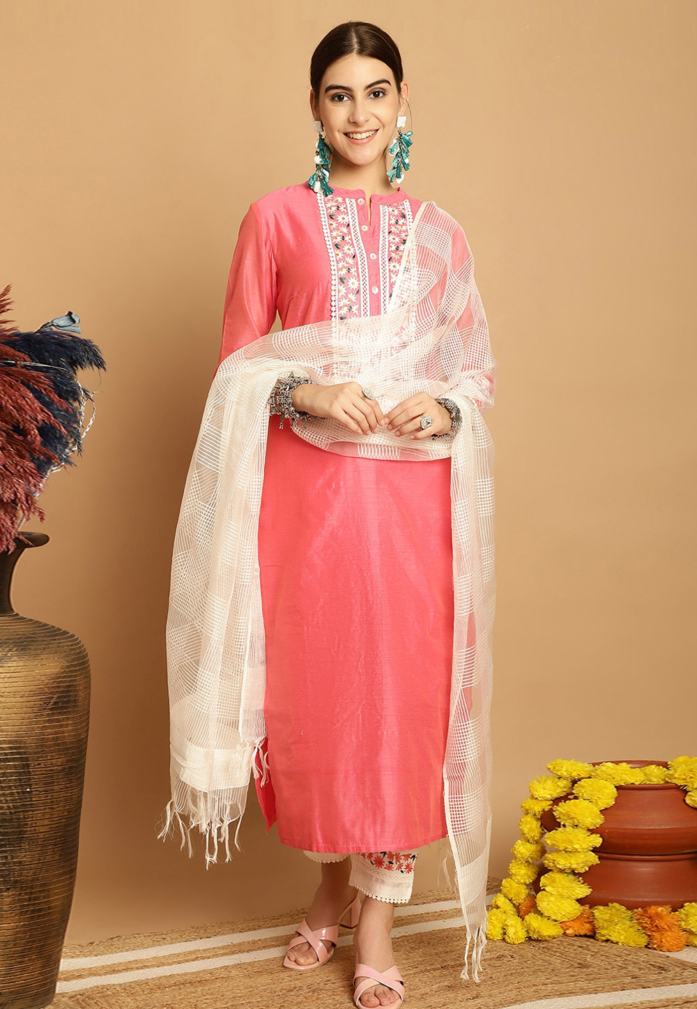 Pink Chanderi Readymade Pant Style Suit 280608