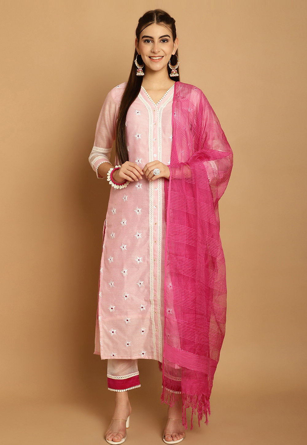 Pink Chanderi Readymade Pant Style Suit 280623