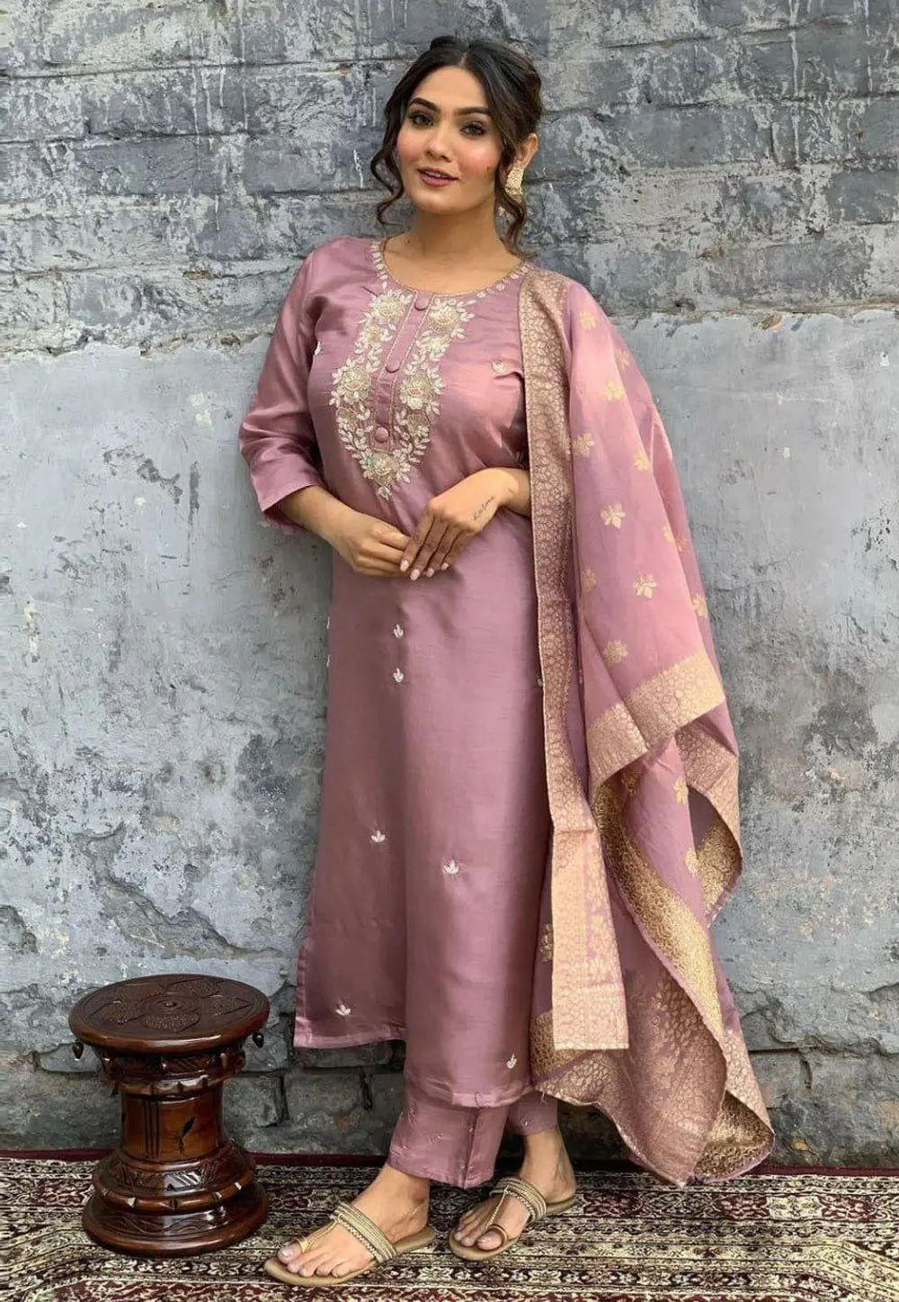 Pink Chanderi Readymade Pant Style Suit 303005