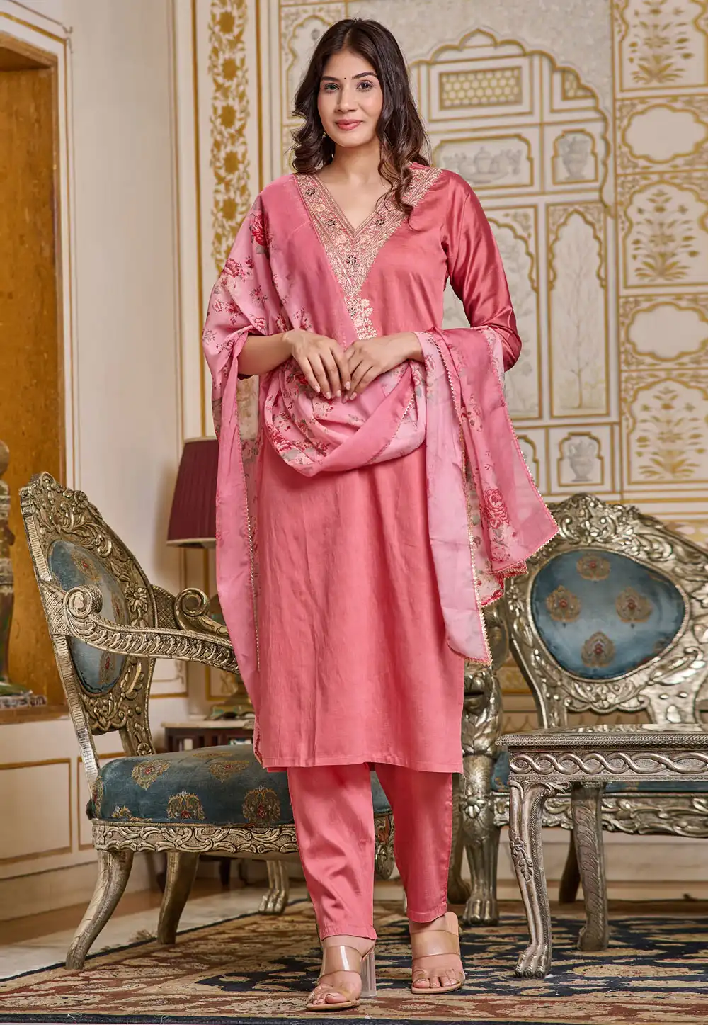 Pink Chanderi Readymade Pant Style Suit 289862