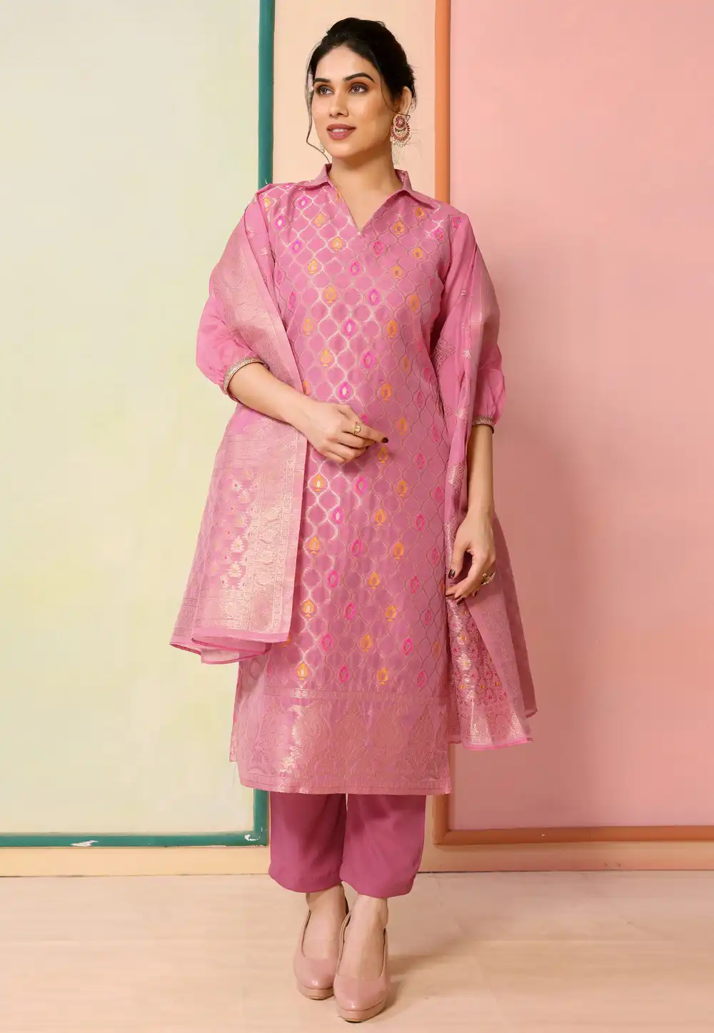 Pink Chanderi Readymade Pant Style Suit 291623