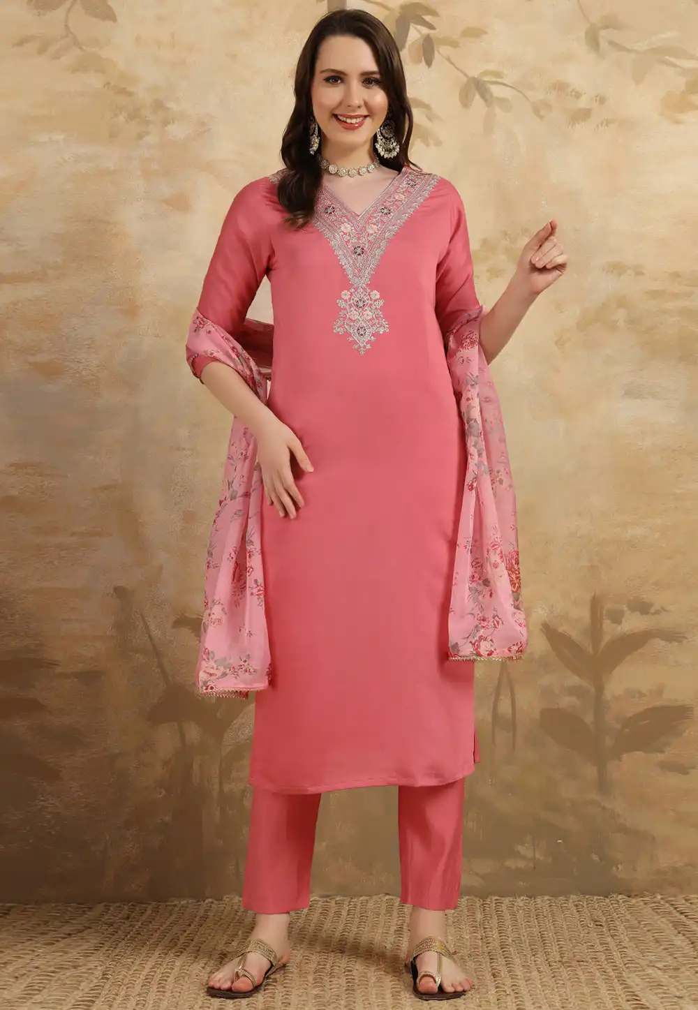 Pink Chanderi Readymade Pant Style Suit 293846