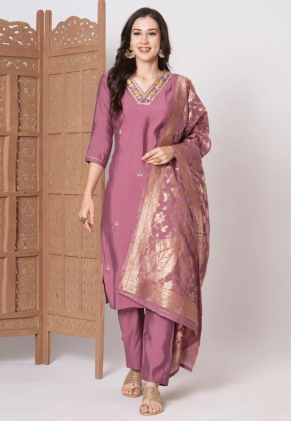 Pink Chanderi Readymade Pant Style Suit 300339