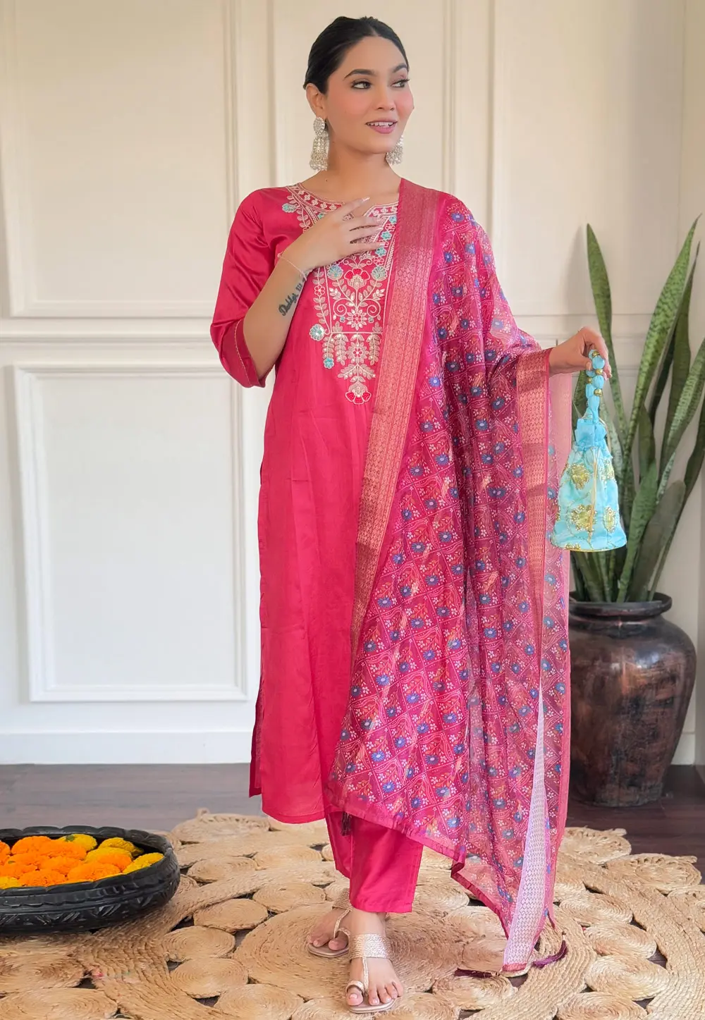 Pink Chanderi Readymade Pant Style Suit 300332