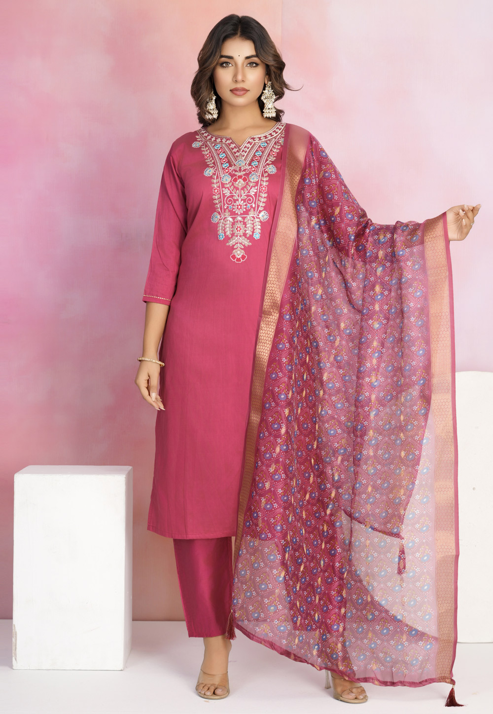 Pink Chanderi Readymade Pant Style Suit 311073