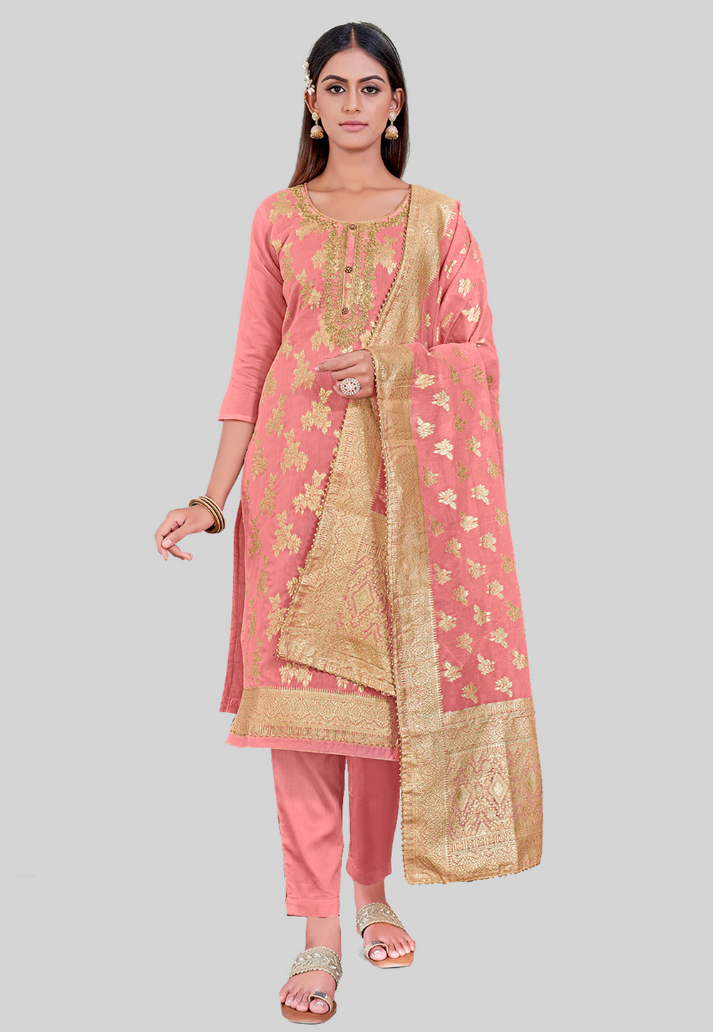 Pink Chanderi Silk Pant Style Suit 284455