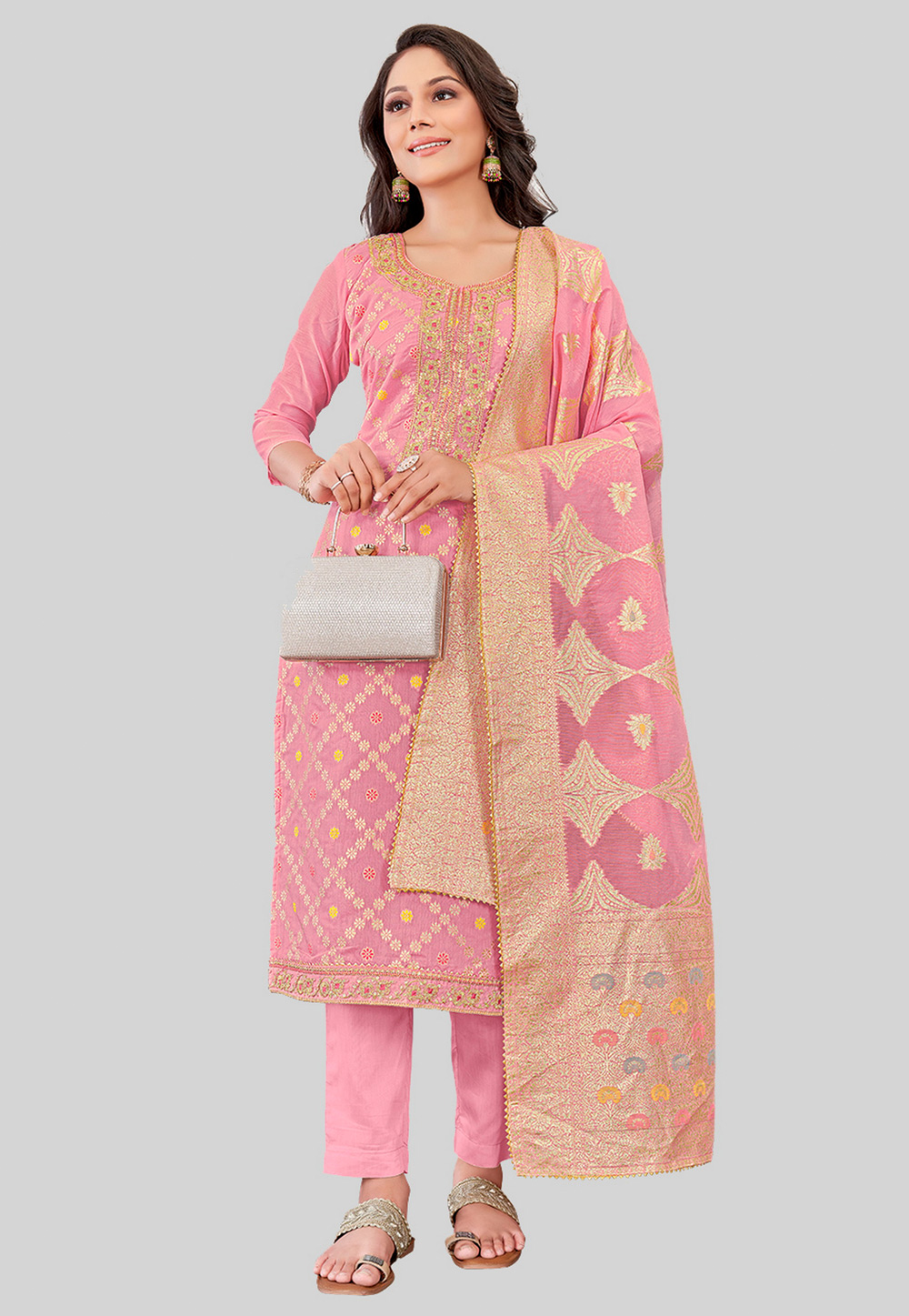 Pink Chanderi Silk Pant Style Suit 284477