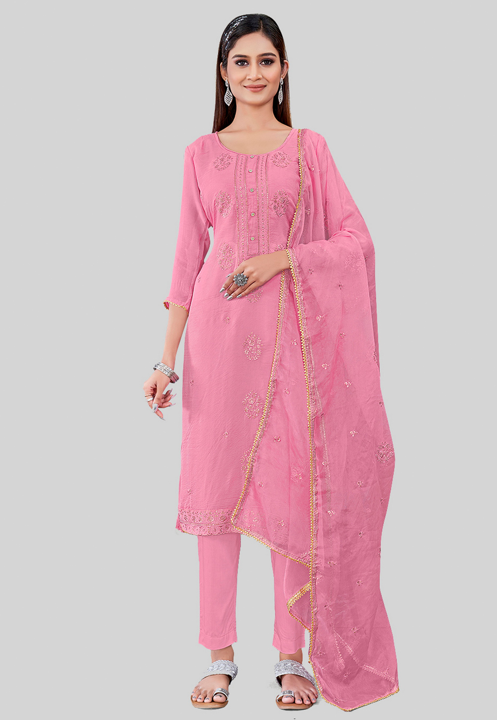 Pink Chanderi Silk Pant Style Suit 284590