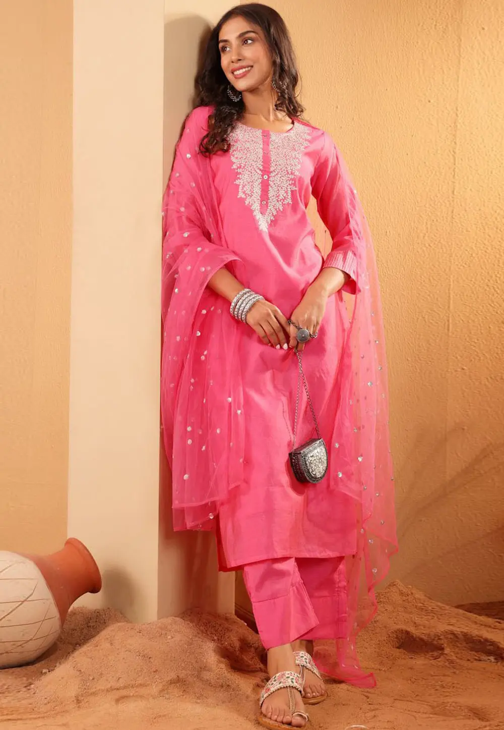 Pink Chanderi Silk Readymade Pant Style Suit 302876