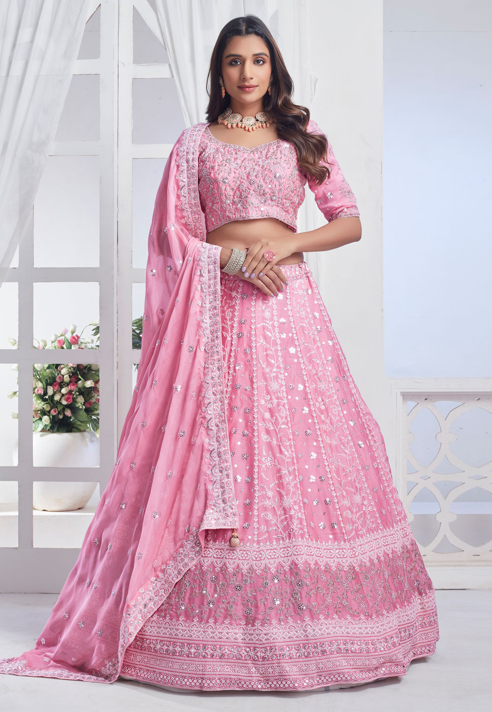 Pink Chiffon Circular Lehenga Choli 286641