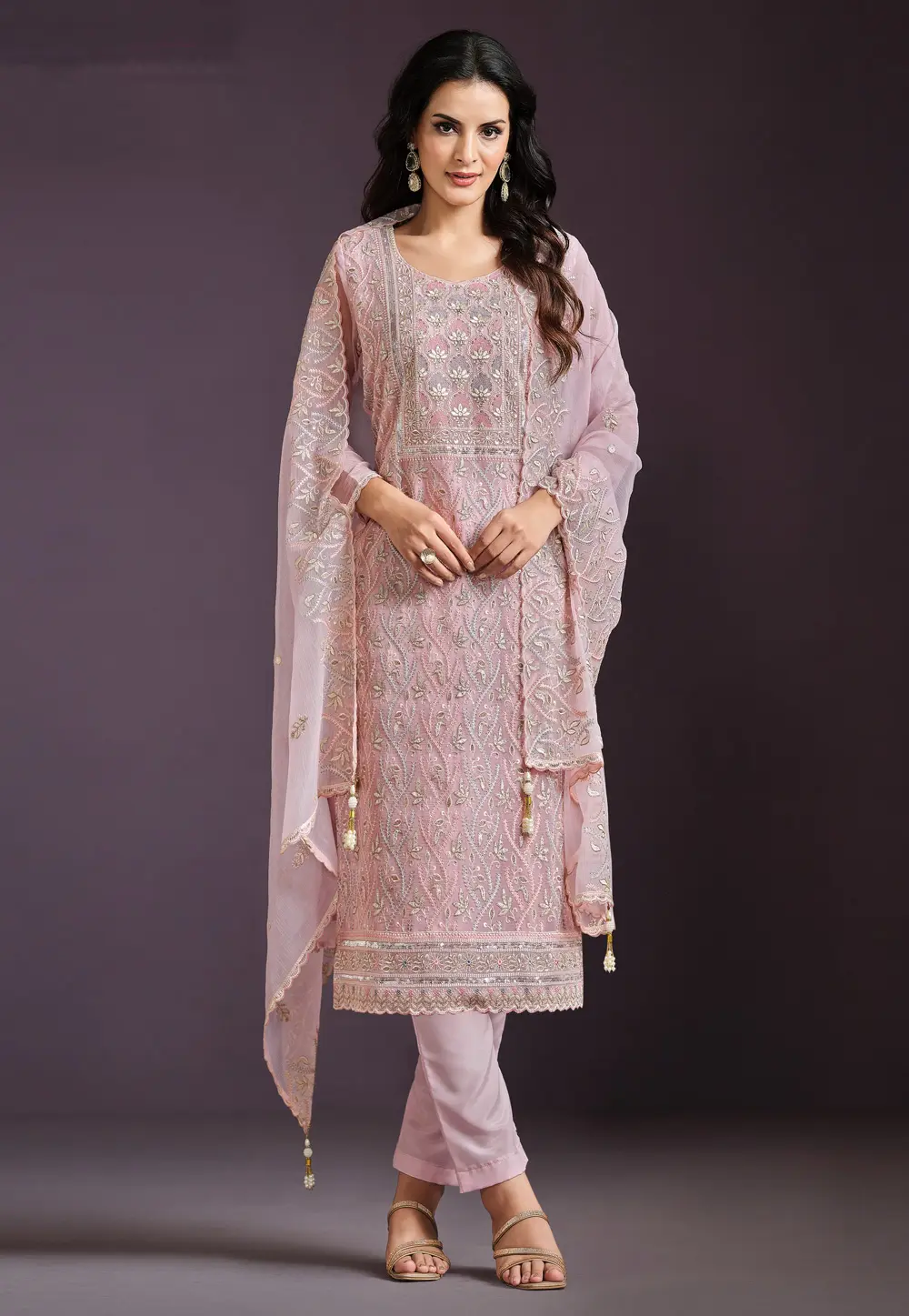 Pink Chiffon Embroidered Straight Suit 297956