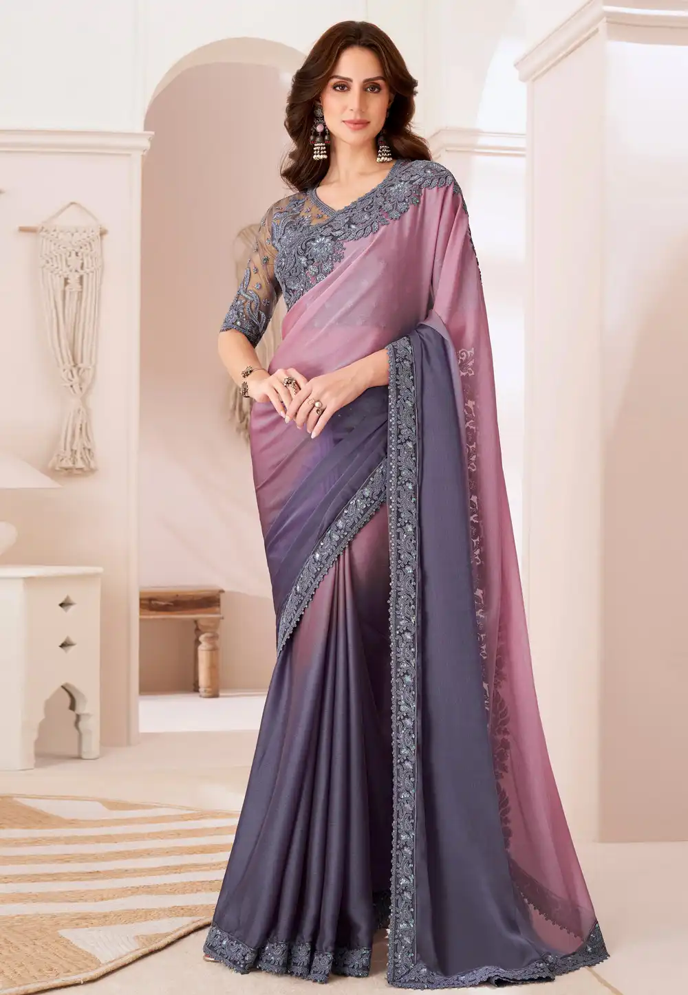 Pink Chiffon Half N Half Saree 292298