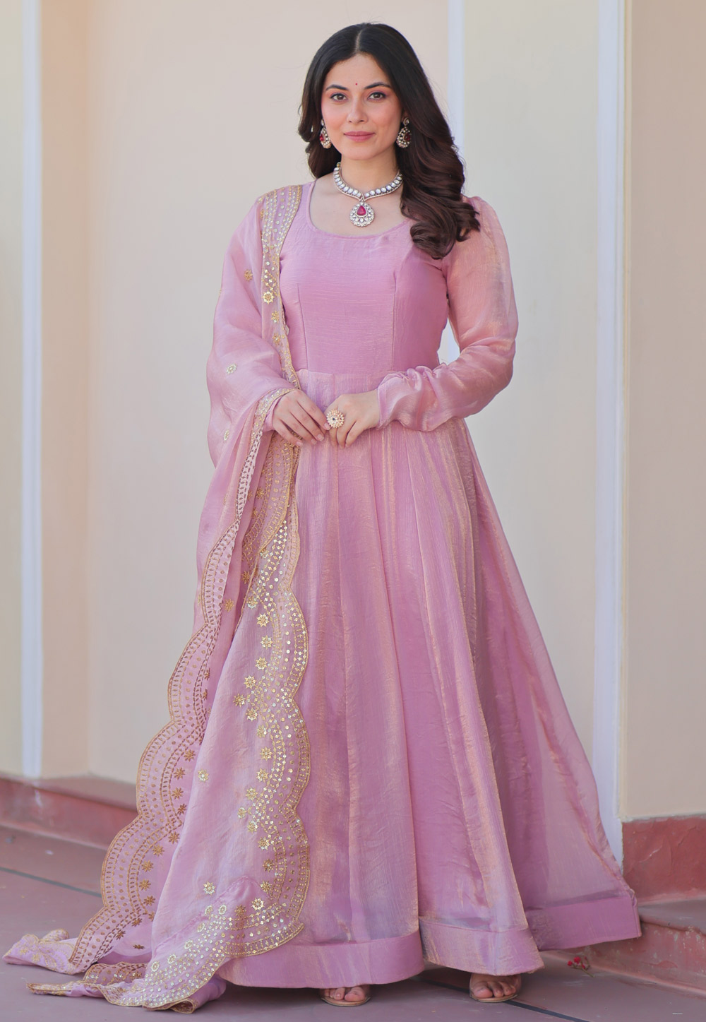 Pink Chiffon Readymade Long Anarkali Suit 309937