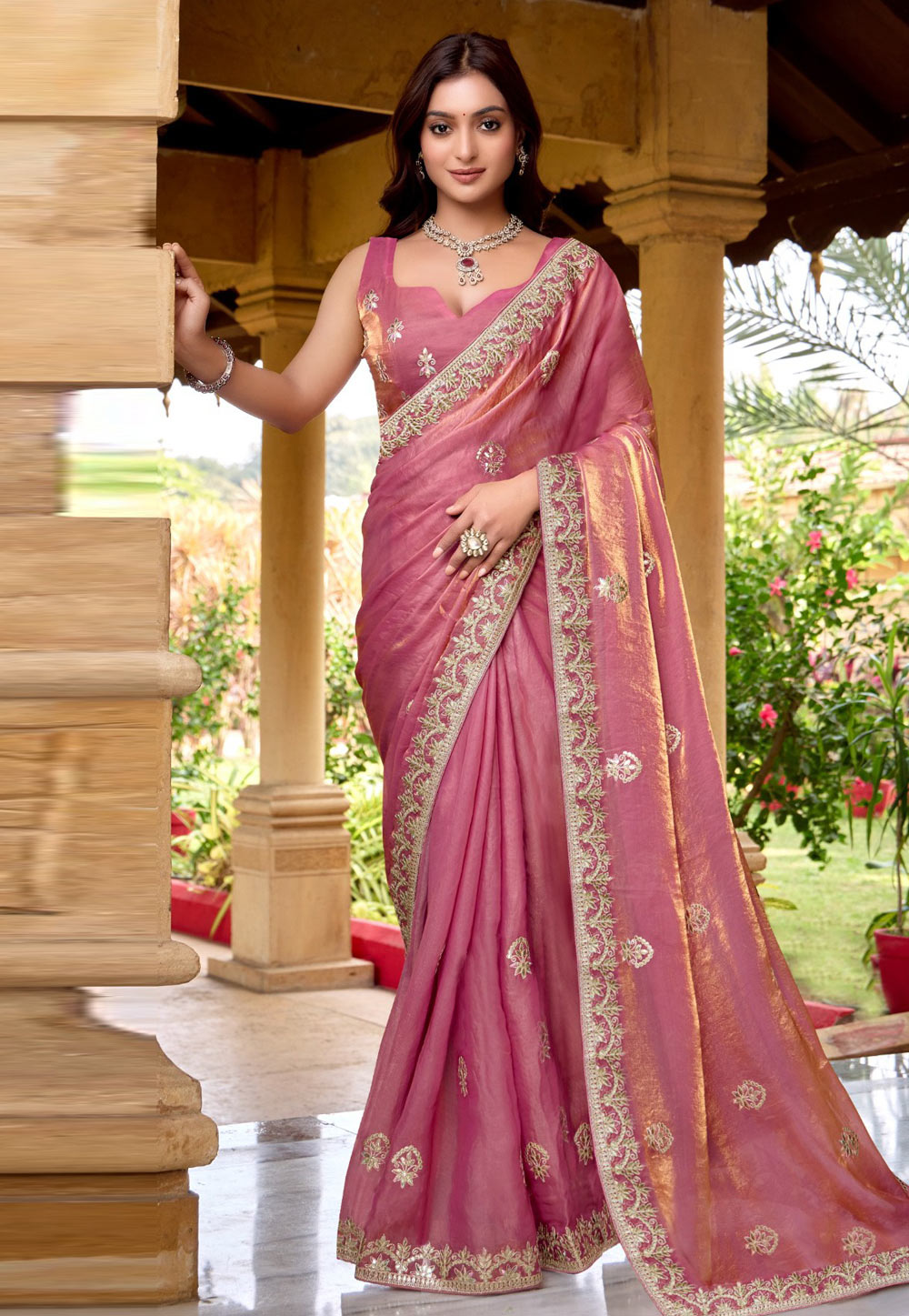 Pink Chiffon Saree With Blouse 305640