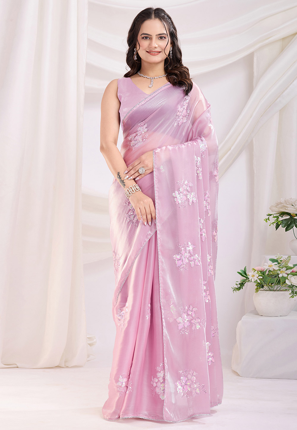 Pink Chiffon Saree With Blouse 305612