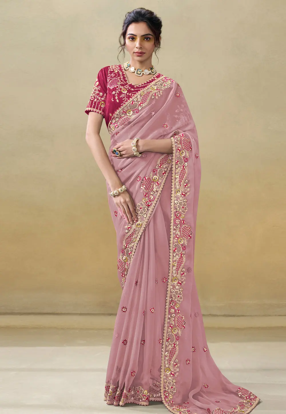 Pink Chiffon Saree With Blouse 301929