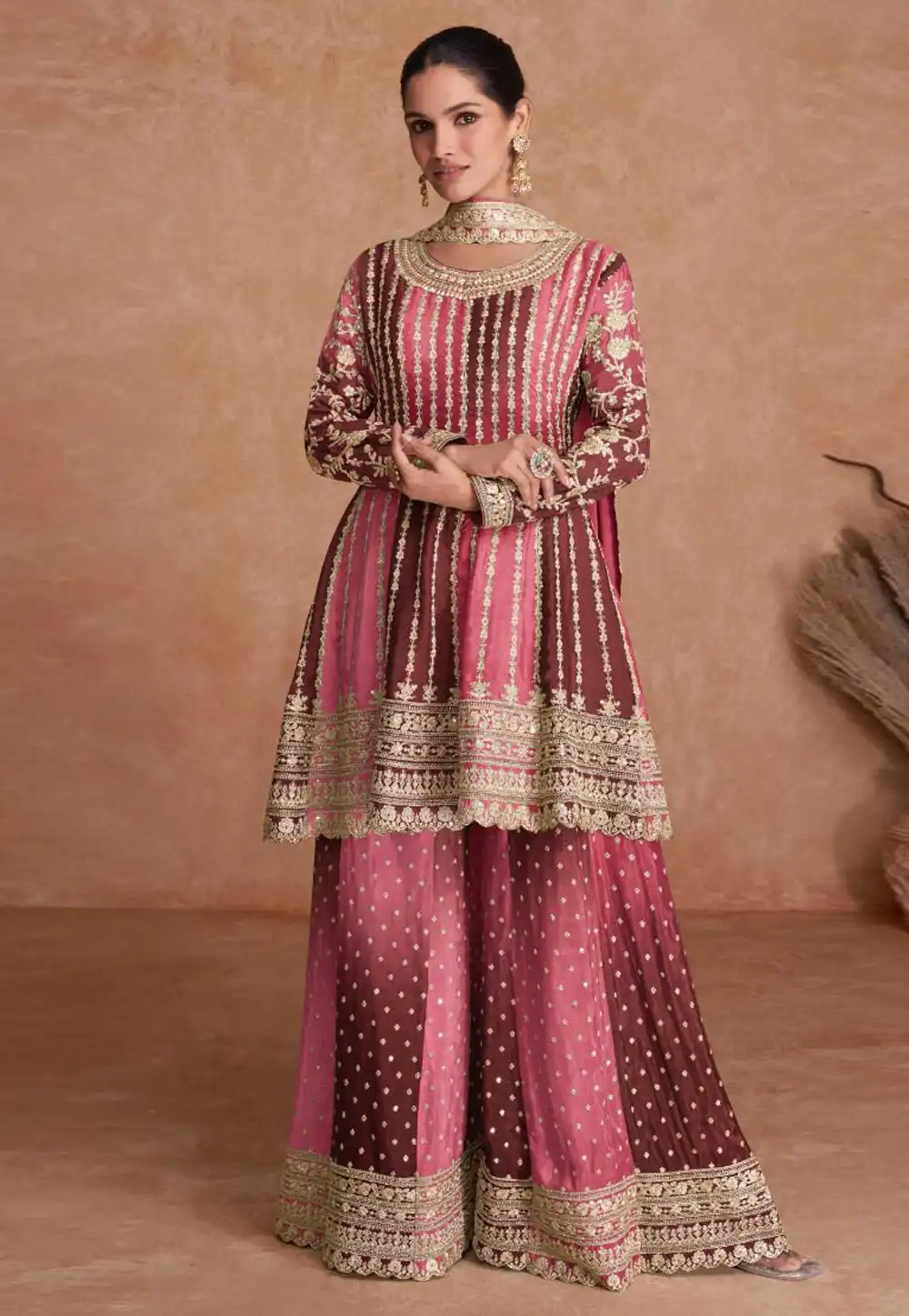 Pink Chinon Embroidered Palazzo Suit 292154