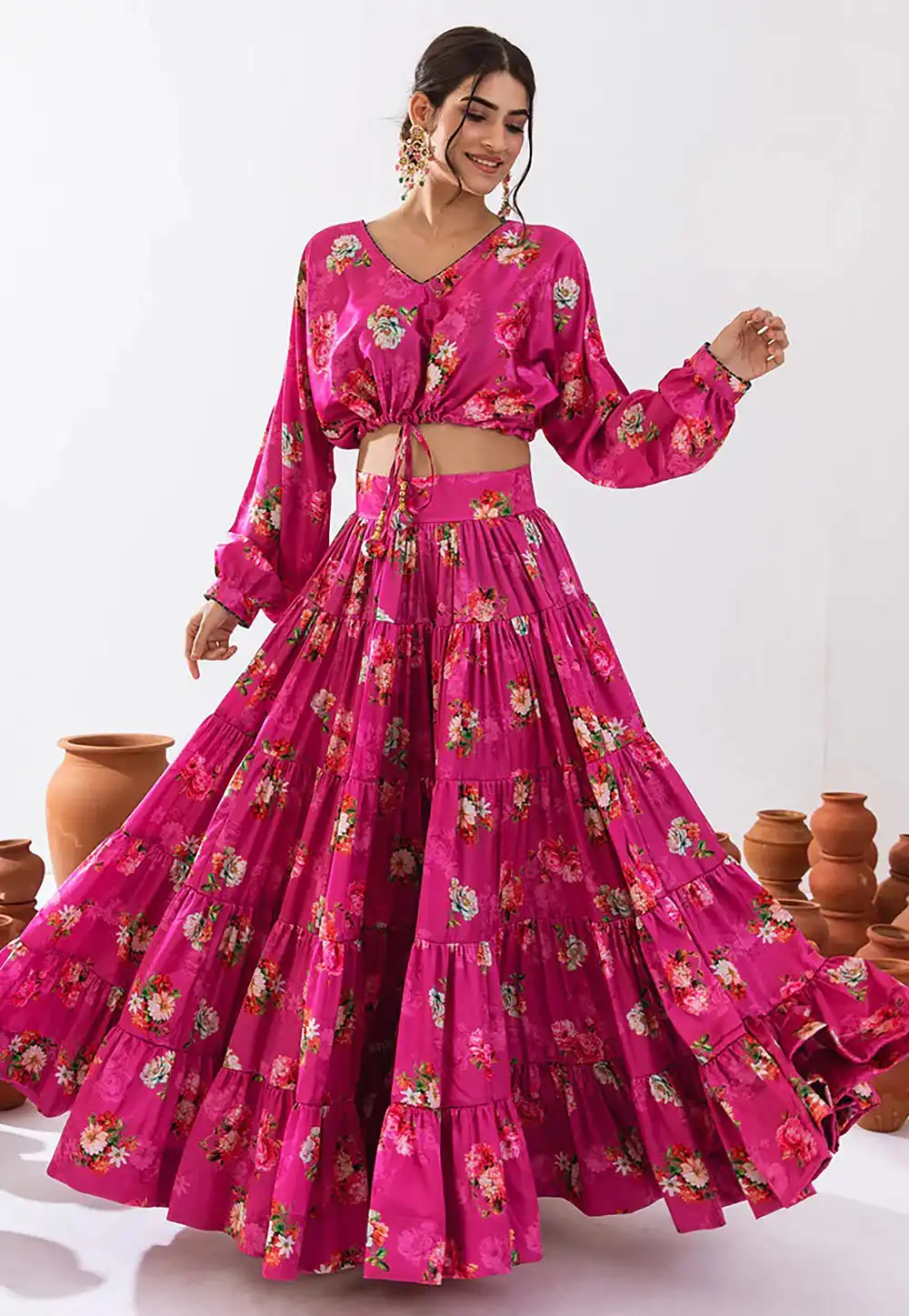 Pink Chinon Floral Crop Top Lehenga 294719