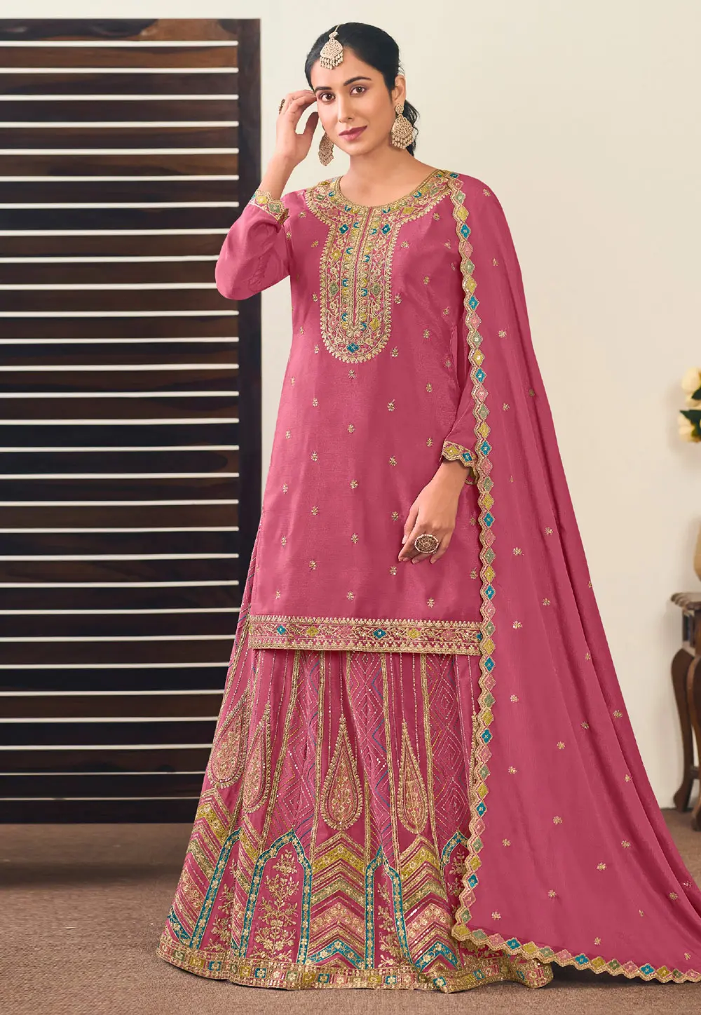 Pink Chinon Indo Western Lehenga Choli 302313