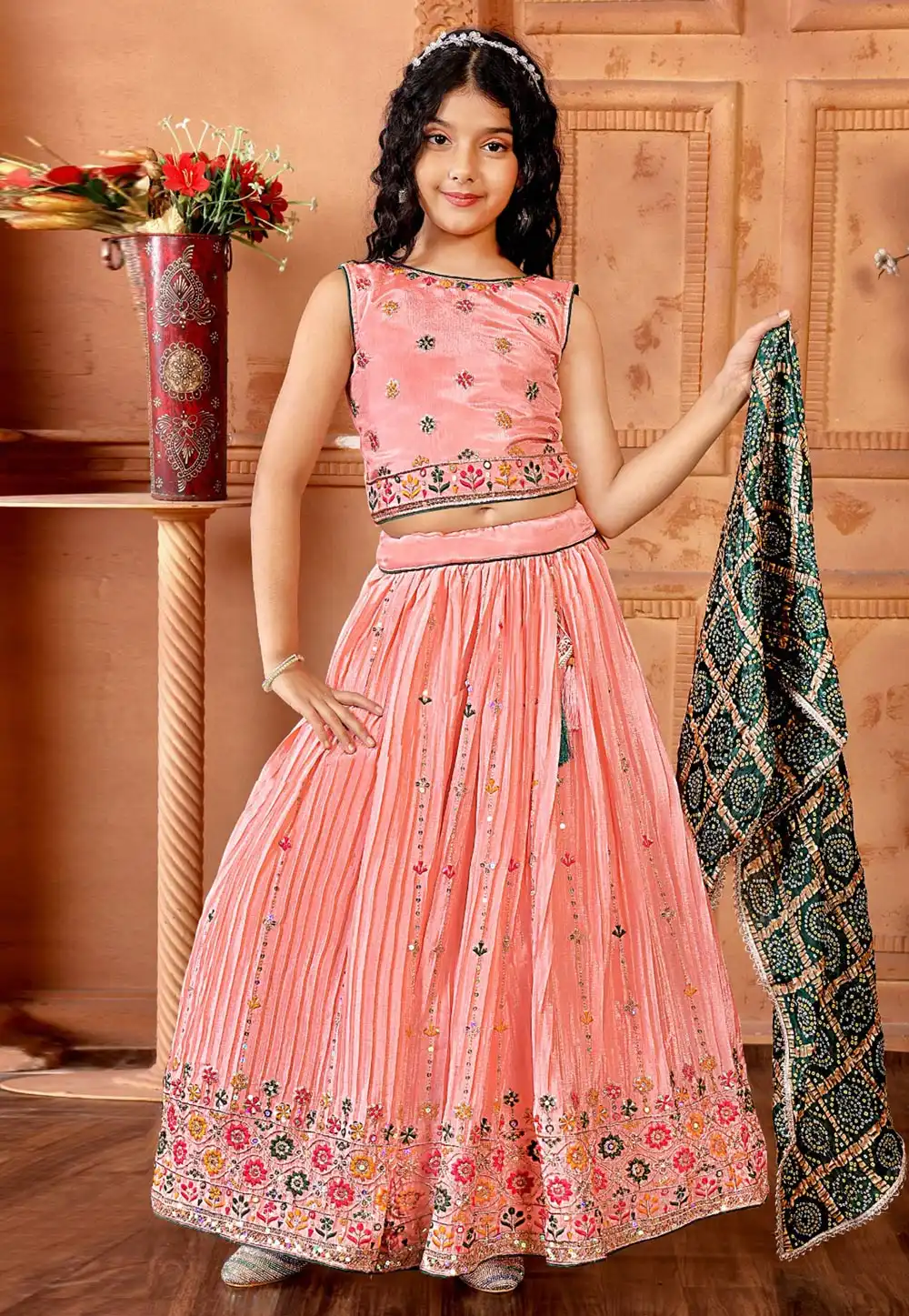 Pink Chinon Kids Lehenga Choli 293429