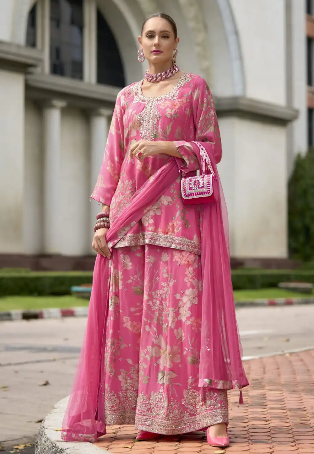 Pink Chinon Palazzo Suit 293544