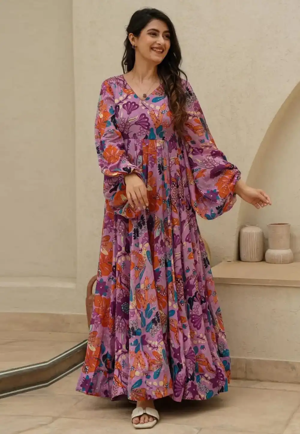 Pink Chinon Printed Gown 293461