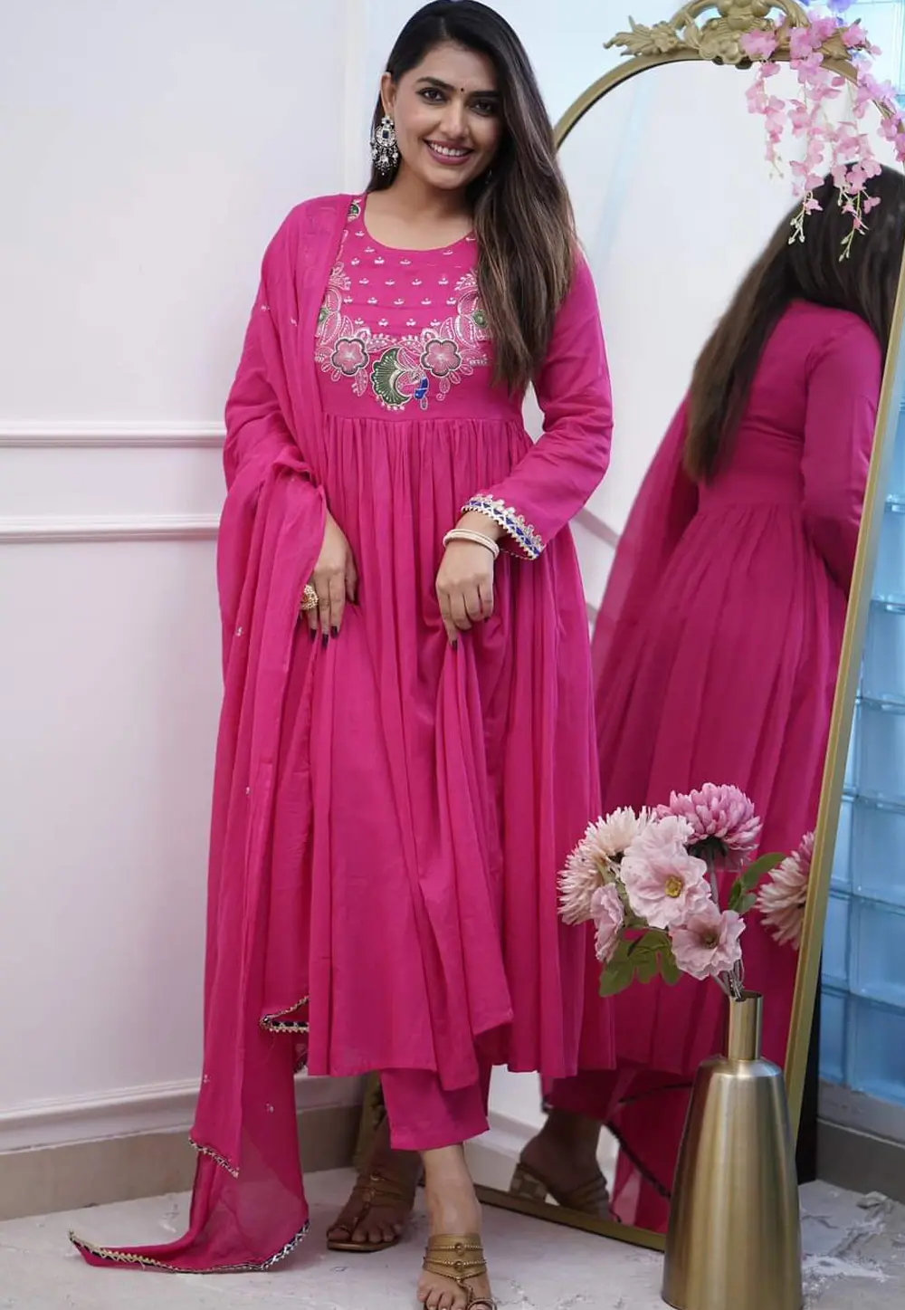 Pink Chinon Readymade Anarkali Suit 302288