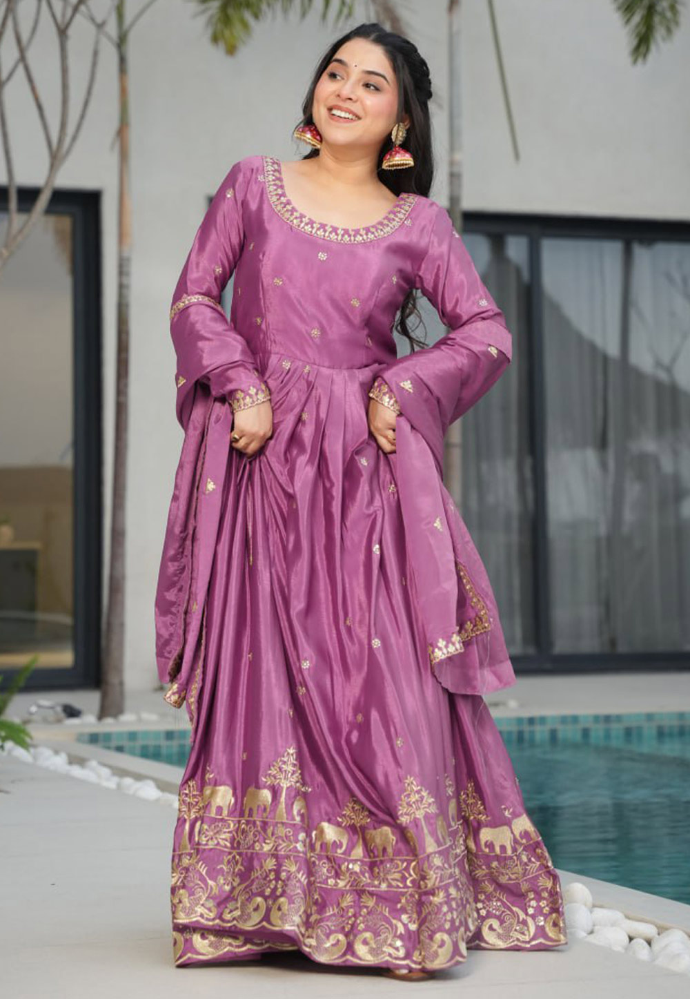Pink Chinon Readymade Anarkali Suit 309528